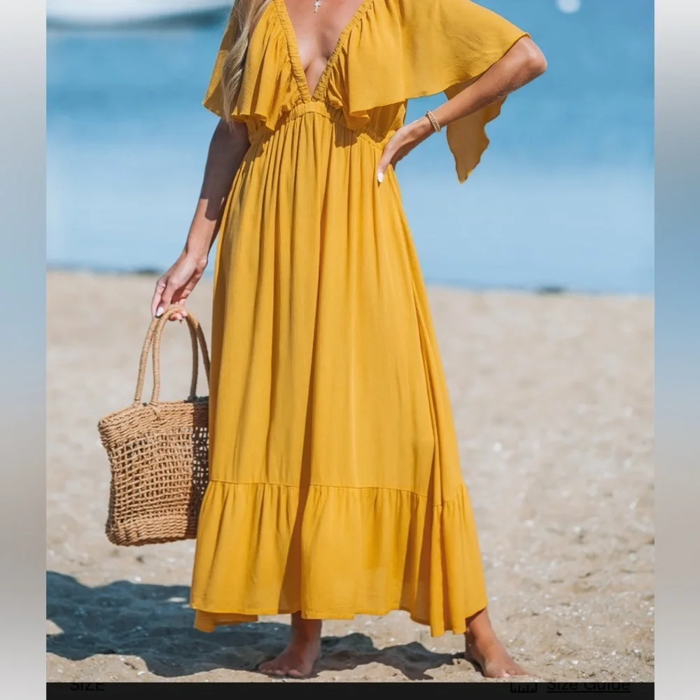 Sunflower Yellow Plunging Butterfly Sleeve Maxi Dress BOHO - Picture 7 of 12